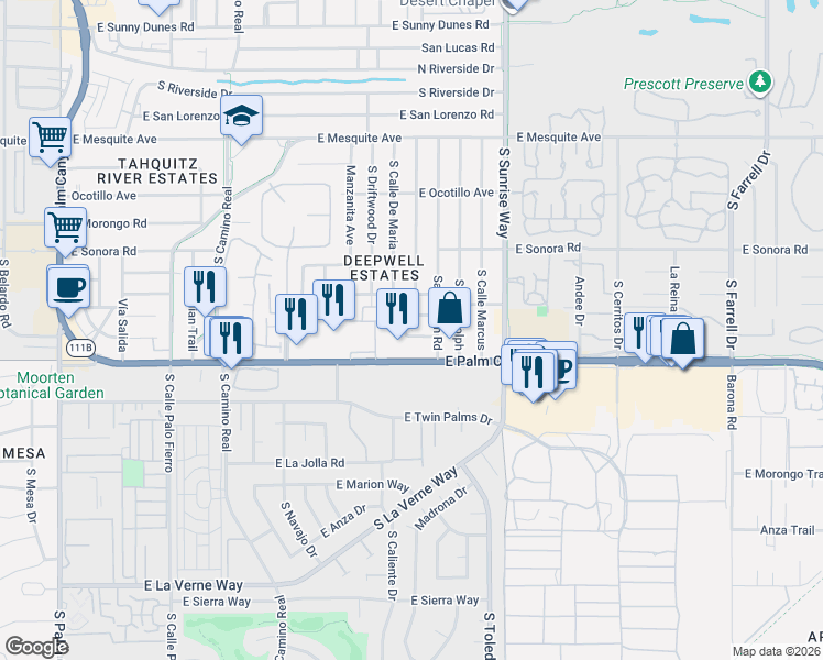 map of restaurants, bars, coffee shops, grocery stores, and more near 1631 Palm Tree Drive in Palm Springs