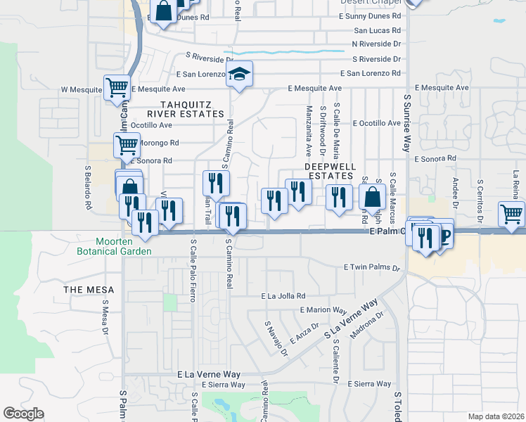 map of restaurants, bars, coffee shops, grocery stores, and more near 1025 East Suntan Lane in Palm Springs