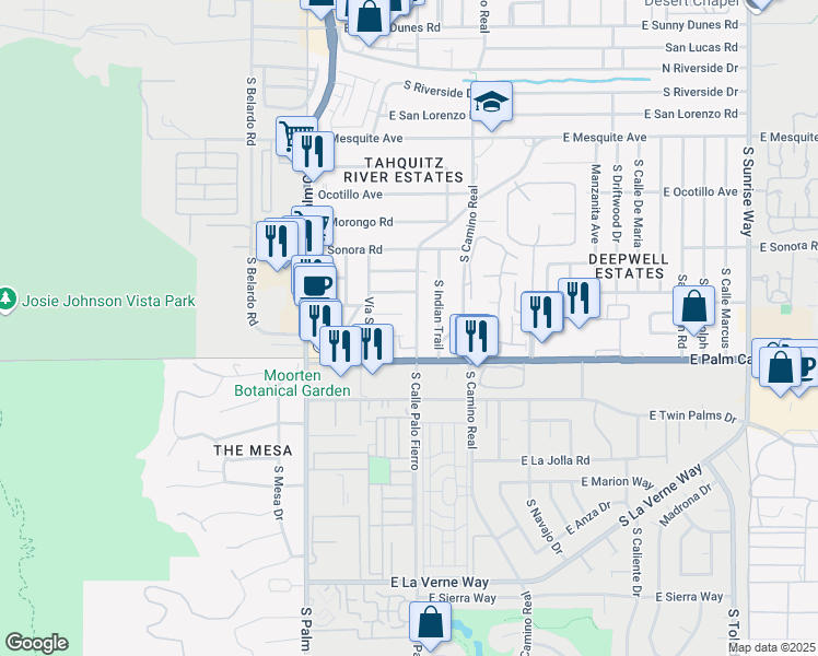 map of restaurants, bars, coffee shops, grocery stores, and more near 1650 South Calle Palo Fierro in Palm Springs