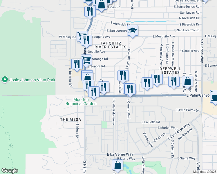 map of restaurants, bars, coffee shops, grocery stores, and more near 435 East Avenida Olancha in Palm Springs