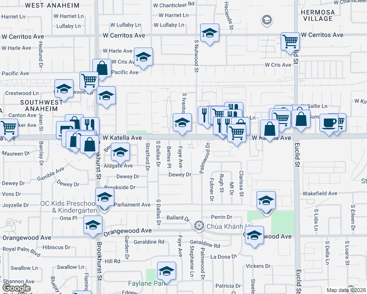 map of restaurants, bars, coffee shops, grocery stores, and more near 11023 Walden Circle in Garden Grove