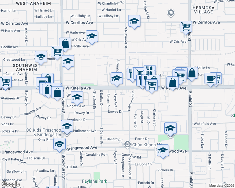 map of restaurants, bars, coffee shops, grocery stores, and more near 11023 Walden Circle in Garden Grove