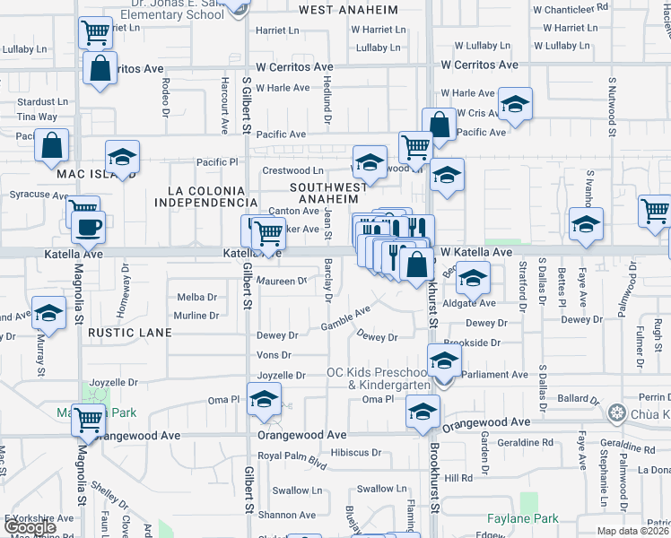 map of restaurants, bars, coffee shops, grocery stores, and more near 9774 Katella Avenue in Anaheim