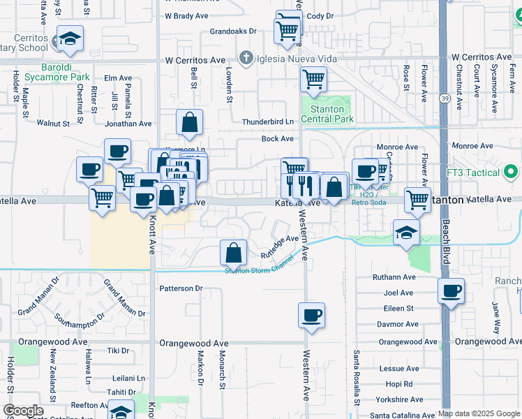 map of restaurants, bars, coffee shops, grocery stores, and more near 11075 Dudley Way in Stanton
