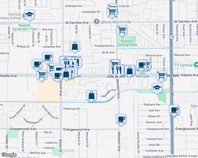 map of restaurants, bars, coffee shops, grocery stores, and more near 11075 Dudley Way in Stanton