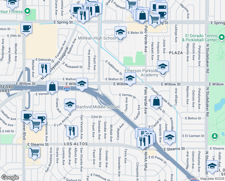 map of restaurants, bars, coffee shops, grocery stores, and more near 2500 Gondar Avenue in Long Beach