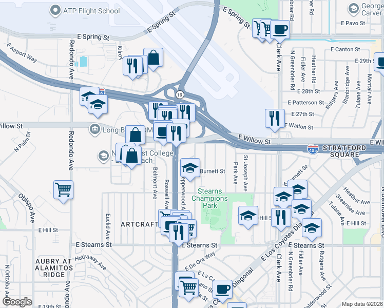 map of restaurants, bars, coffee shops, grocery stores, and more near 2501 Pepperwood Avenue in Long Beach