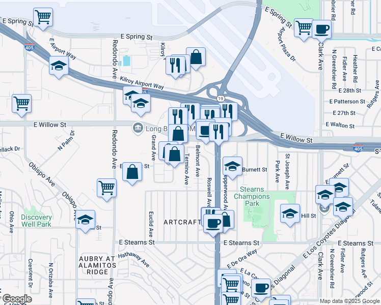 map of restaurants, bars, coffee shops, grocery stores, and more near 2531 Belmont Avenue in Long Beach