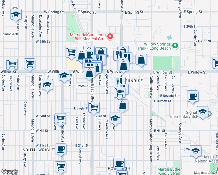 map of restaurants, bars, coffee shops, grocery stores, and more near 2495 Linden Avenue in Long Beach