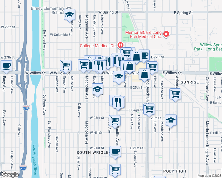 map of restaurants, bars, coffee shops, grocery stores, and more near 2490 Cedar Avenue in Long Beach