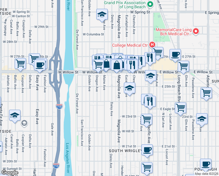 map of restaurants, bars, coffee shops, grocery stores, and more near 2490 Maine Avenue in Long Beach