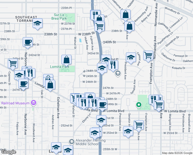 map of restaurants, bars, coffee shops, grocery stores, and more near 1702 West 245th Street in Torrance