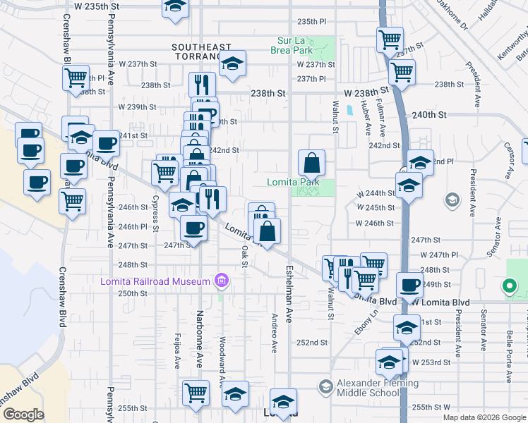 map of restaurants, bars, coffee shops, grocery stores, and more near 2008 245th Street in Lomita