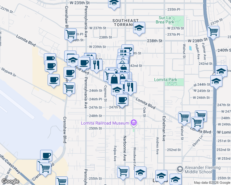 map of restaurants, bars, coffee shops, grocery stores, and more near 24622 Moon Avenue in Lomita