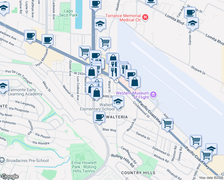 map of restaurants, bars, coffee shops, grocery stores, and more near 24242 Ward Street in Torrance
