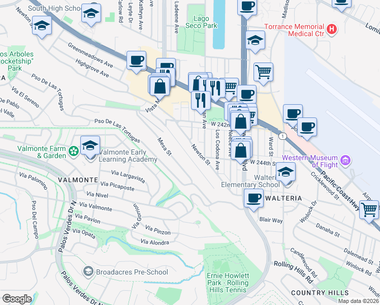 map of restaurants, bars, coffee shops, grocery stores, and more near 3955 Bluff Street in Torrance