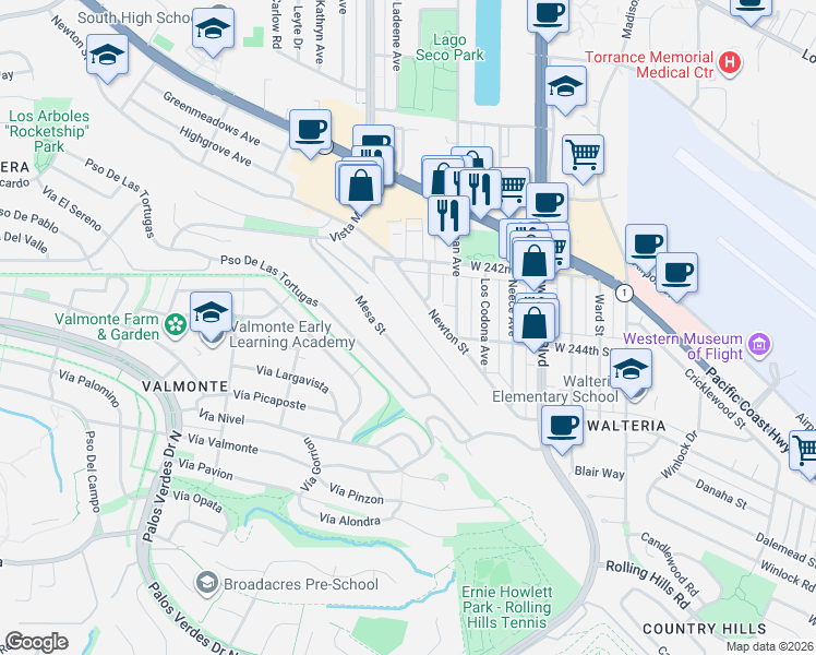 map of restaurants, bars, coffee shops, grocery stores, and more near 3955 Bluff Street in Torrance
