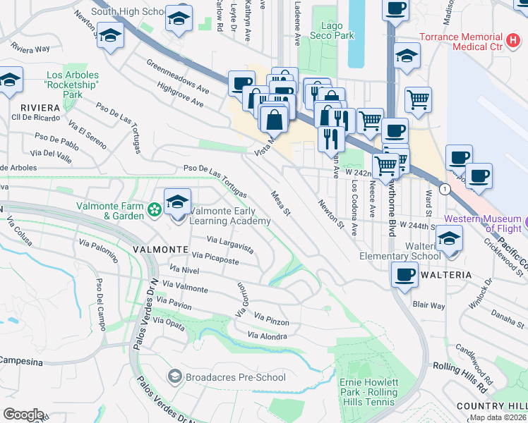 map of restaurants, bars, coffee shops, grocery stores, and more near 4202 Paseo De Las Tortugas in Torrance