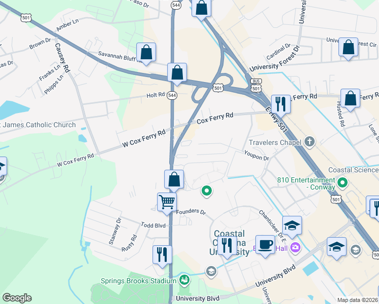 map of restaurants, bars, coffee shops, grocery stores, and more near 1854 Juniper Drive in Conway