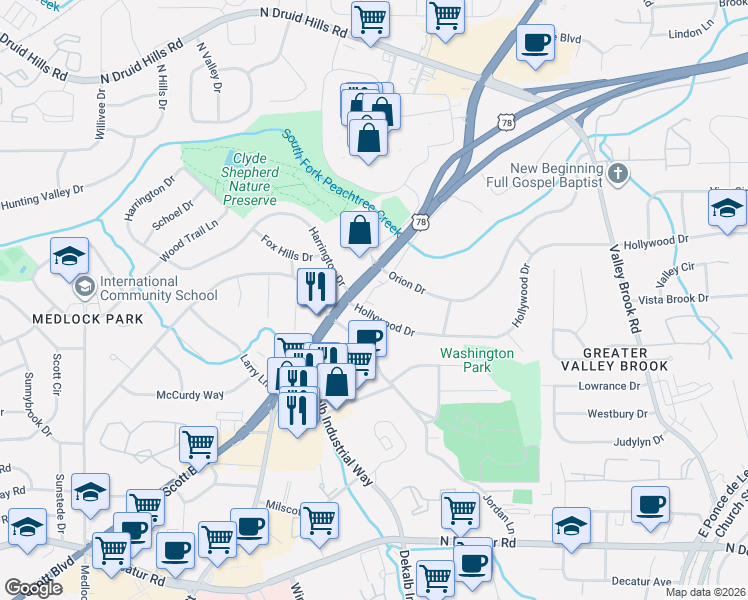 map of restaurants, bars, coffee shops, grocery stores, and more near 849 Constellation Drive in Decatur