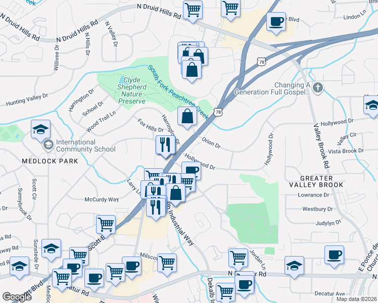 map of restaurants, bars, coffee shops, grocery stores, and more near 849 Constellation Drive in Decatur
