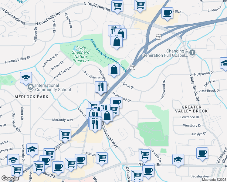 map of restaurants, bars, coffee shops, grocery stores, and more near 2755 Harrington Drive in Decatur