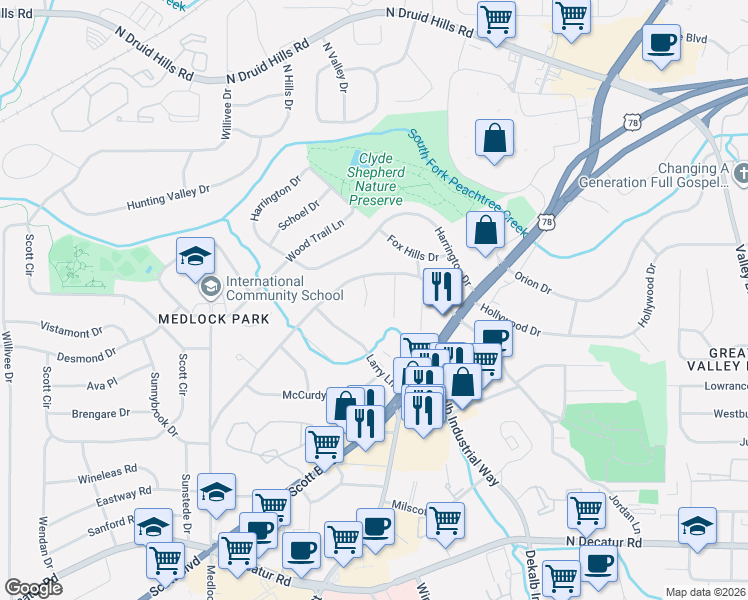 map of restaurants, bars, coffee shops, grocery stores, and more near 844 Alberson Court in Decatur