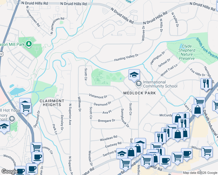 map of restaurants, bars, coffee shops, grocery stores, and more near 886 Scott Circle in Decatur