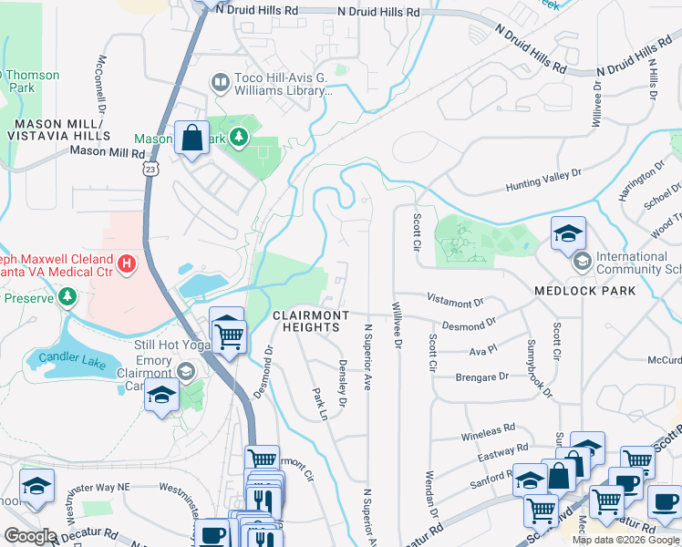 map of restaurants, bars, coffee shops, grocery stores, and more near 844 Heritage Square in Decatur