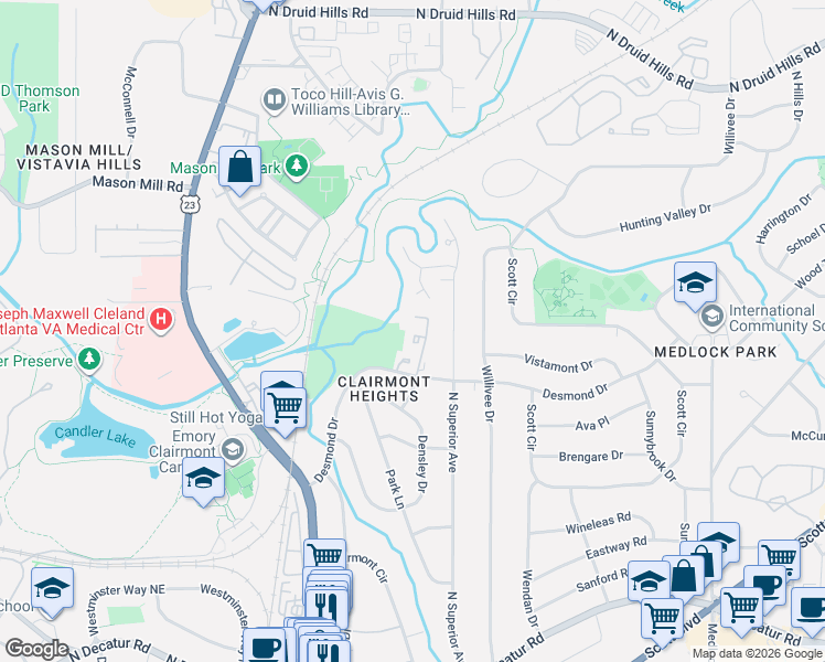 map of restaurants, bars, coffee shops, grocery stores, and more near 844 Heritage Square in Decatur
