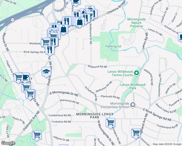 map of restaurants, bars, coffee shops, grocery stores, and more near 1725 Pine Ridge Drive Northeast in Atlanta