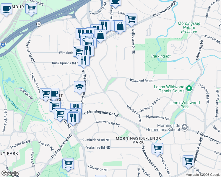 map of restaurants, bars, coffee shops, grocery stores, and more near 1745 North Pelham Road Northeast in Atlanta