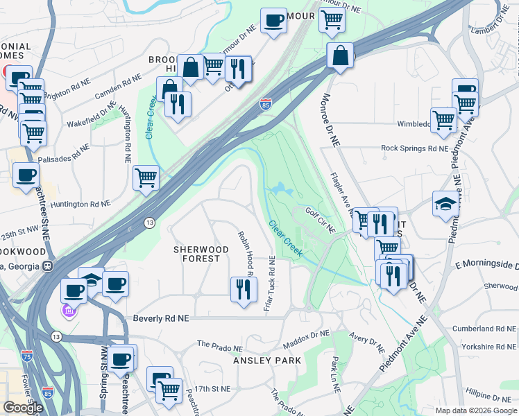 map of restaurants, bars, coffee shops, grocery stores, and more near 1735 Friar Tuck Road Northeast in Atlanta