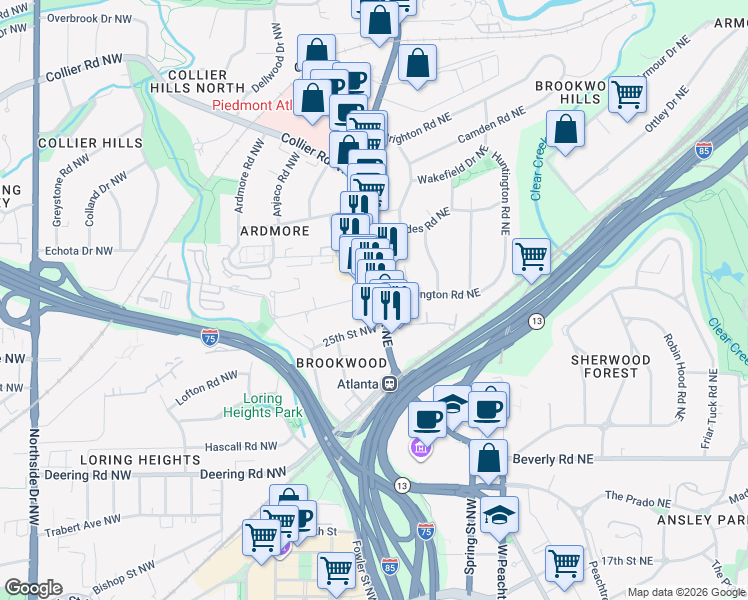 map of restaurants, bars, coffee shops, grocery stores, and more near 10 26th Street Northwest in Atlanta