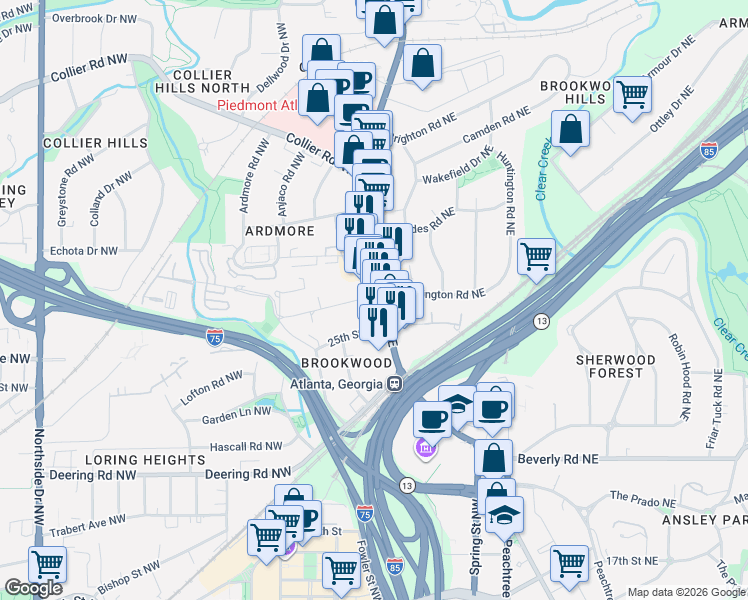 map of restaurants, bars, coffee shops, grocery stores, and more near in Atlanta