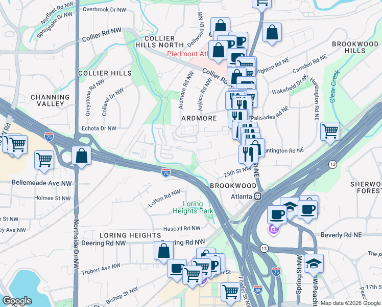 map of restaurants, bars, coffee shops, grocery stores, and more near 130 26th Street Northwest in Atlanta