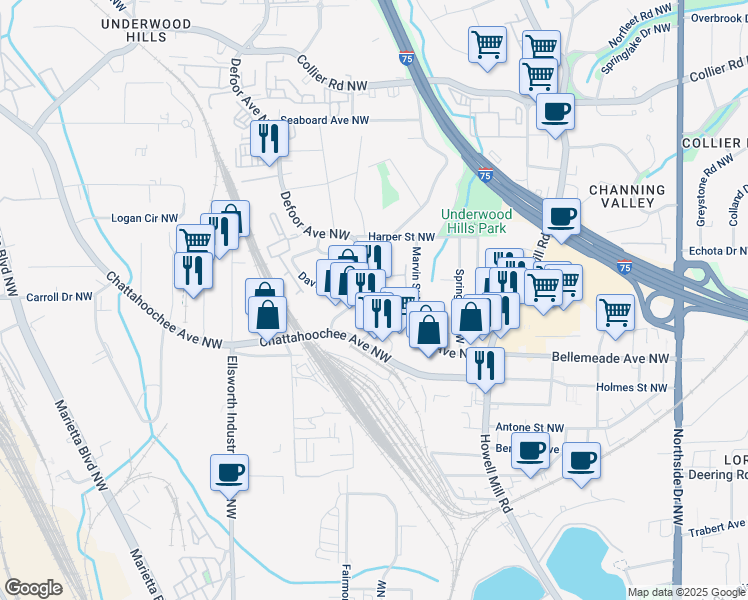map of restaurants, bars, coffee shops, grocery stores, and more near 1740 Defoor Place Northwest in Atlanta