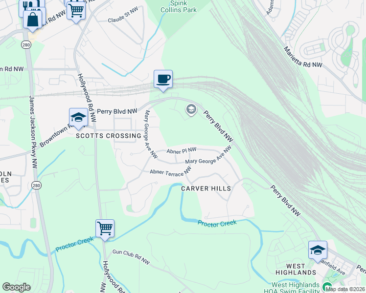 map of restaurants, bars, coffee shops, grocery stores, and more near 2271 Abner Place Northwest in Atlanta