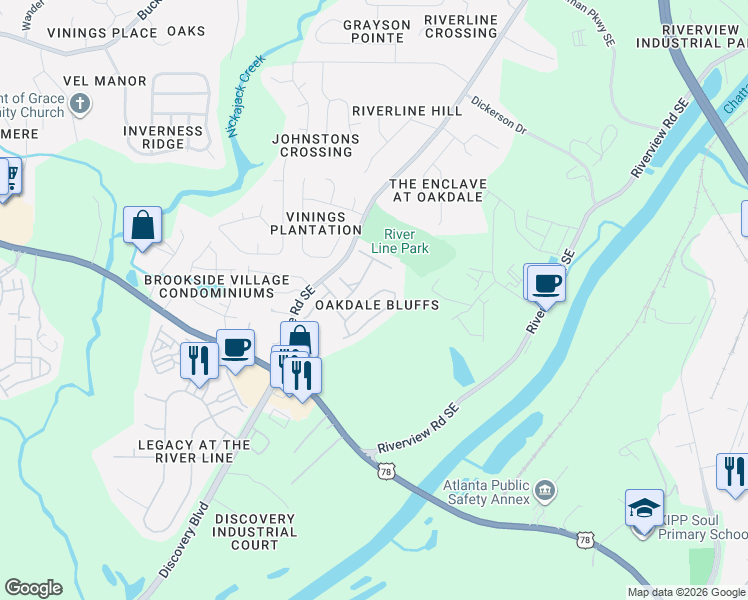 map of restaurants, bars, coffee shops, grocery stores, and more near 6102 Indian Wood Circle in Mableton