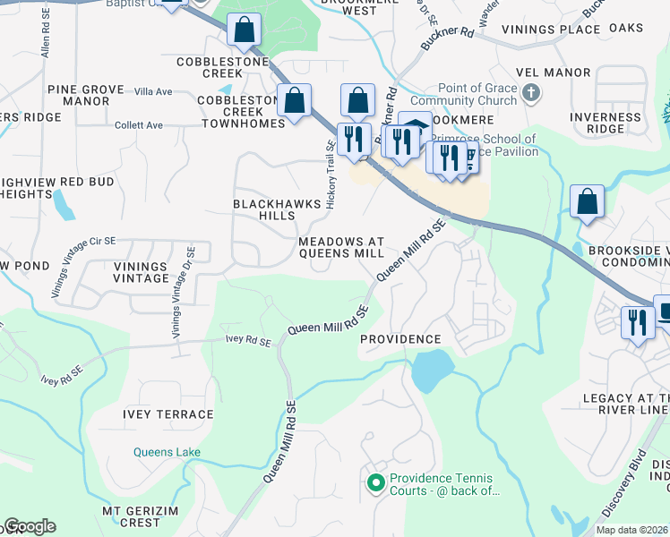 map of restaurants, bars, coffee shops, grocery stores, and more near 835 Brickleridge Lane Southeast in Mableton