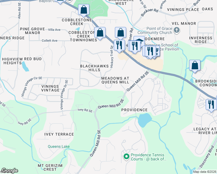 map of restaurants, bars, coffee shops, grocery stores, and more near 835 Brickleridge Lane Southeast in Mableton