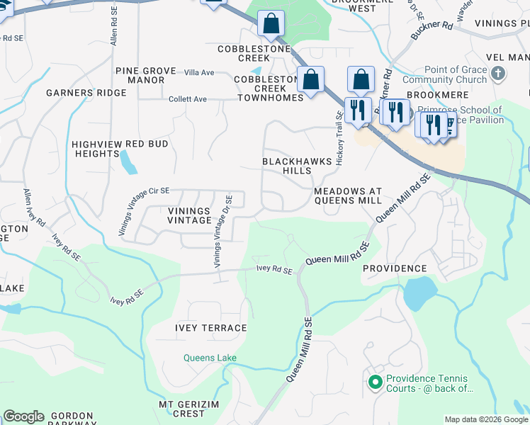map of restaurants, bars, coffee shops, grocery stores, and more near 6066 Blackhawk Trail Southeast in Mableton