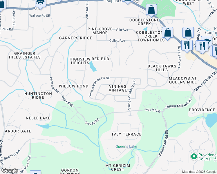 map of restaurants, bars, coffee shops, grocery stores, and more near 5904 Vintage Oak Pass Southeast in Mableton