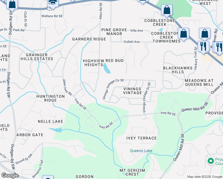 map of restaurants, bars, coffee shops, grocery stores, and more near 380 Vinings Vintage Circle Southeast in Mableton