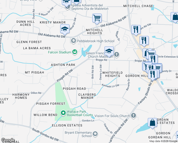map of restaurants, bars, coffee shops, grocery stores, and more near 6208 Britt Road Southwest in Mableton