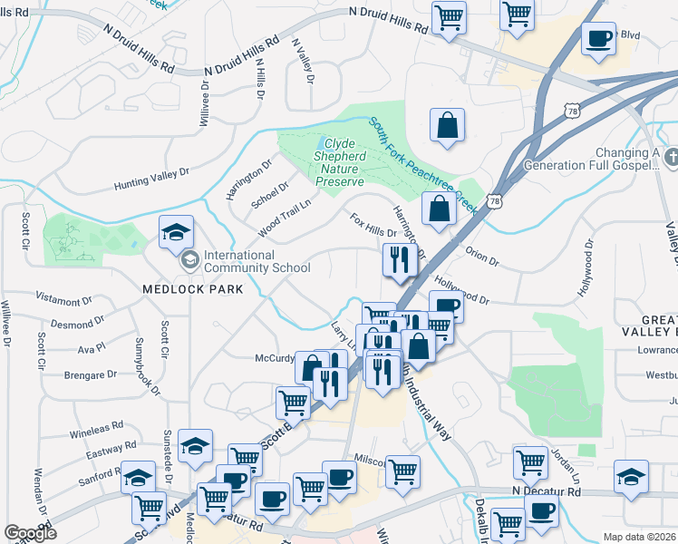 map of restaurants, bars, coffee shops, grocery stores, and more near 844 Alberson Court in Decatur