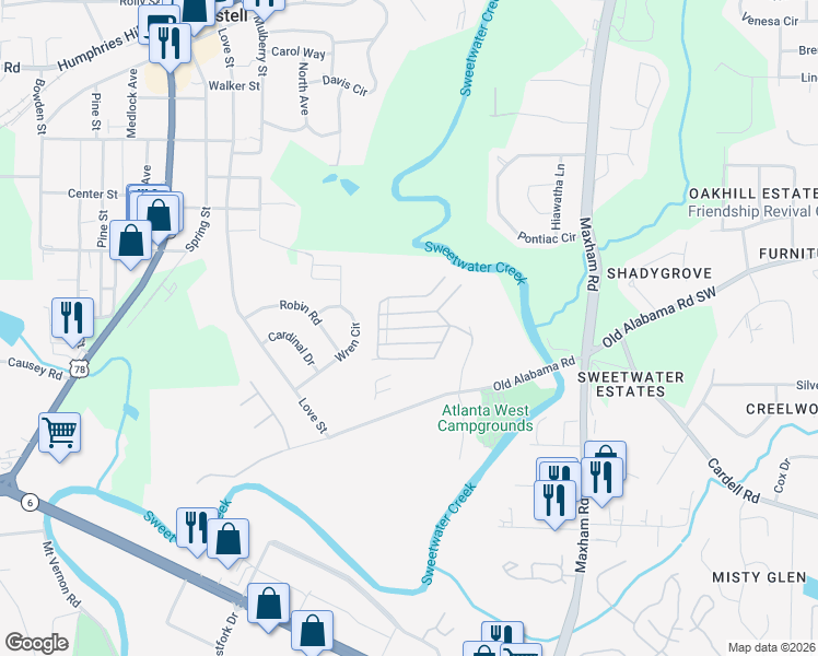 map of restaurants, bars, coffee shops, grocery stores, and more near 98-100 Creekway Drive in Austell