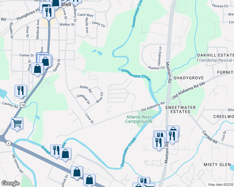 map of restaurants, bars, coffee shops, grocery stores, and more near 98-100 Creekway Drive in Austell