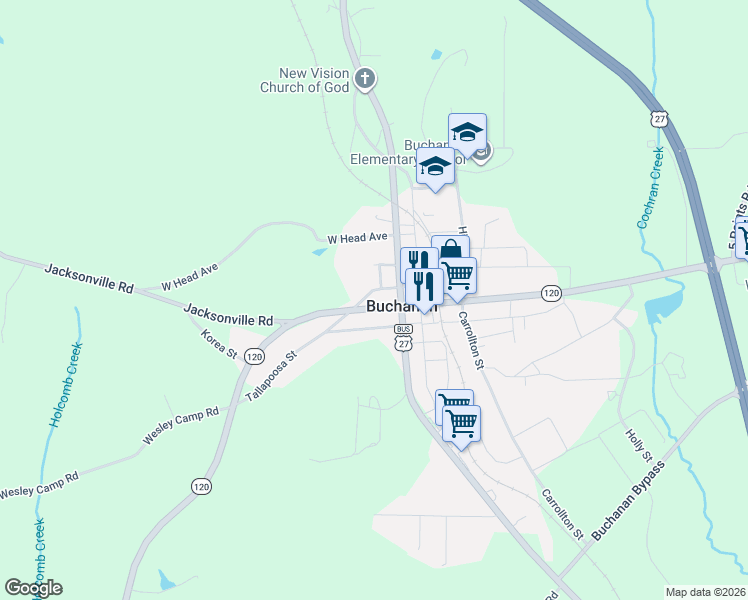 map of restaurants, bars, coffee shops, grocery stores, and more near 58 Williams Street in Buchanan