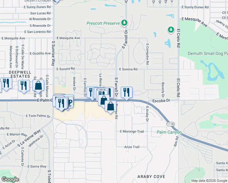 map of restaurants, bars, coffee shops, grocery stores, and more near 2455 Vía Sonoma in Palm Springs